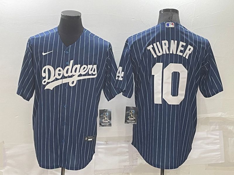 Men Los Angeles Dodgers #10 Turner Blue Stripe Throwback Nike 2022 MLB Jerseys